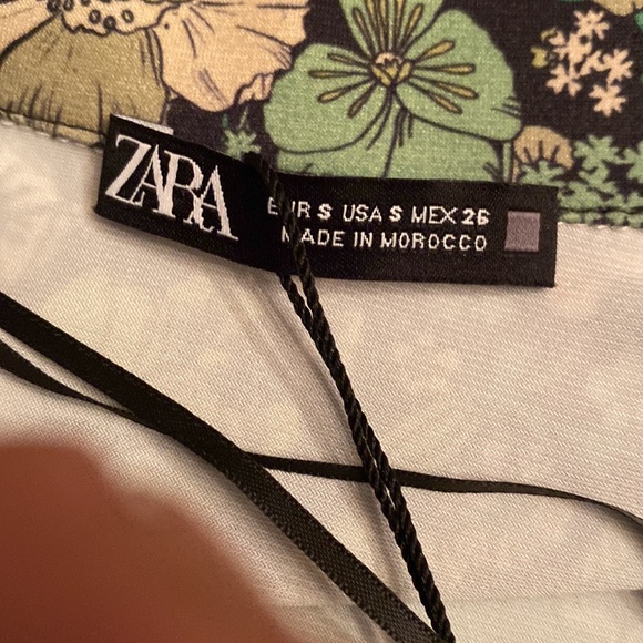 ZARA Floral Print Mini Shirt Dress S Green White Long Sleeve V-Neck Retro - Picture 8 of 12